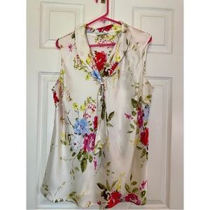 Tahari. Arthur S Levine. Floral, Sleeveless, Faux Tie, Satiny Feel. Spring Top.